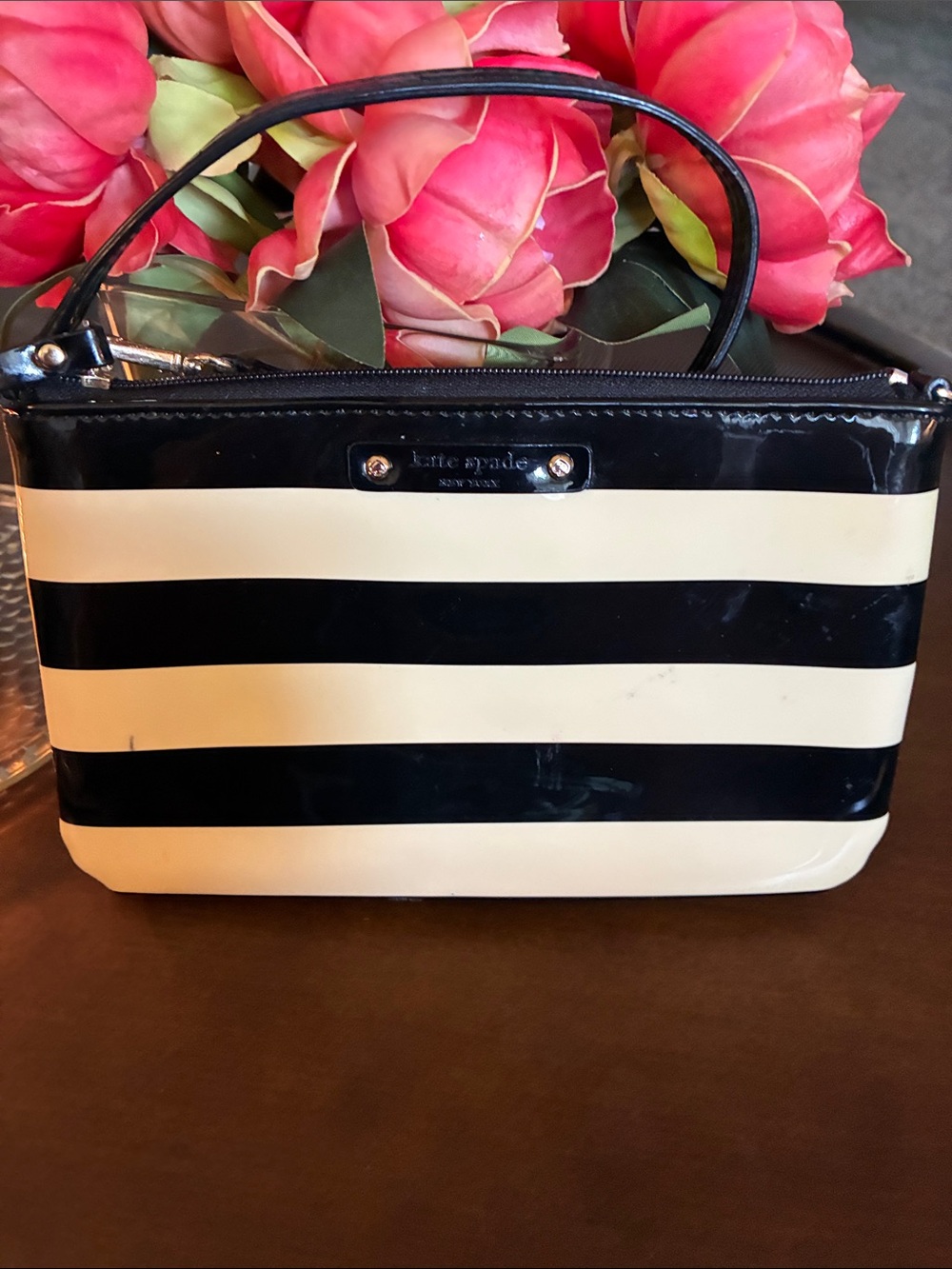 kate spade Black and Cream Striped Patent Wristlet Clutch